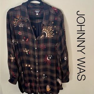 Johnny Was Black Plaid Button-Up Shirt with Embroidered Stars/Suns Velvet Back